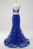 Sparkly Mermaid Royal Blue Spaghetti Straps Corset Sequin Long Formal Dress with Embroidery