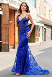 Sparkly Mermaid Royal Blue Spaghetti Straps Corset Sequin Long Formal Dress with Embroidery