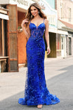 Sparkly Mermaid Royal Blue Spaghetti Straps Corset Sequin Long Formal Dress with Embroidery