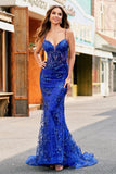 Sparkly Mermaid Royal Blue Spaghetti Straps Corset Sequin Long Formal Dress with Embroidery