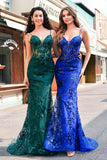 Sparkly Mermaid Royal Blue Spaghetti Straps Corset Sequin Long Formal Dress with Embroidery