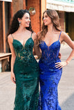 Sparkly Mermaid Royal Blue Spaghetti Straps Corset Sequin Long Formal Dress with Embroidery