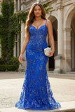 Royal Blue Sequins Sheer Corset Mermaid Long Plus Size Prom Dress