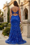 Royal Blue Sequins Sheer Corset Mermaid Long Plus Size Prom Dress