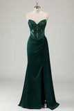 Sparkly Dark Green Mermaid Sweetheart Corset Long Formal Dress with Slit