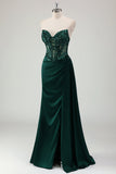 Sparkly Dark Green Mermaid Sweetheart Corset Long Formal Dress with Slit