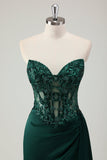 Sparkly Dark Green Mermaid Sweetheart Corset Long Formal Dress with Slit