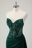 Sparkly Dark Green Mermaid Sweetheart Corset Long Formal Dress with Slit