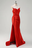 Red Mermaid Satin Strapless Pleated Sequin Long Prom Dress with Slit