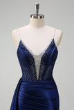 Navy Mermaid V-Neck Watteau Train Corset Beaded Prom Dress with Slit