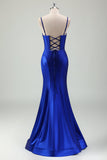 Royal Blue Mermaid Spaghetti Straps Corset Satin Long Formal Dress with Slit