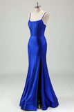 Royal Blue Mermaid Spaghetti Straps Corset Satin Long Formal Dress with Slit