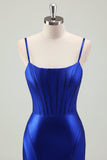 Royal Blue Mermaid Spaghetti Straps Corset Satin Long Formal Dress with Slit