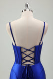 Royal Blue Mermaid Spaghetti Straps Corset Satin Long Formal Dress with Slit