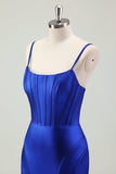 Royal Blue Mermaid Spaghetti Straps Corset Satin Long Formal Dress with Slit