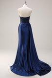 Navy Mermaid Strapless Side Streamer Ruched Corset Long Formal Dress With Slit