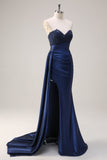 Navy Mermaid Strapless Side Streamer Ruched Corset Long Formal Dress With Slit