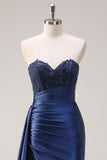 Navy Mermaid Strapless Side Streamer Ruched Corset Long Formal Dress With Slit