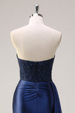 Navy Mermaid Strapless Side Streamer Ruched Corset Long Formal Dress With Slit