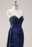 Navy Mermaid Strapless Side Streamer Ruched Corset Long Formal Dress With Slit