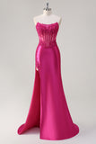 Sparkly Fuchsia Mermaid Strapless Corset Appliques Long Formal Dress with Slit