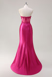 Sparkly Fuchsia Mermaid Strapless Corset Appliques Long Formal Dress with Slit