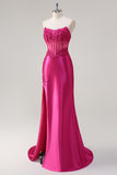 Sparkly Fuchsia Mermaid Strapless Corset Appliques Long Formal Dress with Slit