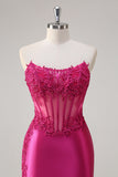 Sparkly Fuchsia Mermaid Strapless Corset Appliques Long Formal Dress with Slit