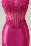 Sparkly Fuchsia Mermaid Strapless Corset Appliques Long Formal Dress with Slit