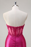 Sparkly Fuchsia Mermaid Strapless Corset Appliques Long Formal Dress with Slit