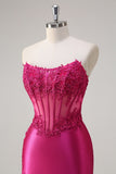 Sparkly Fuchsia Mermaid Strapless Corset Appliques Long Formal Dress with Slit