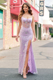 Lilac Mermaid Spaghetti Straps Corset Sequin Formal Dress with Slit