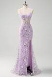 Lilac Mermaid Spaghetti Straps Corset Sequin Formal Dress with Slit