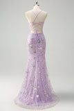 Lilac Mermaid Spaghetti Straps Corset Sequin Formal Dress with Slit