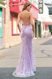 Lilac Mermaid Spaghetti Straps Corset Sequin Formal Dress with Slit