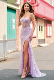 Lilac Mermaid Spaghetti Straps Corset Sequin Formal Dress with Slit