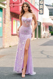 Lilac Mermaid Spaghetti Straps Corset Sequin Formal Dress with Slit