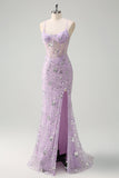 Lilac Spaghetti Straps Mermaid Corset Sequin Formal Dress