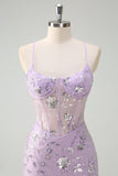 Lilac Spaghetti Straps Mermaid Corset Sequin Formal Dress