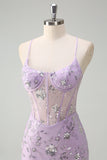 Lilac Spaghetti Straps Mermaid Corset Sequin Formal Dress