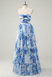 White Blue Flower A-Line Strapless Tiered Long Formal Dress with Bows