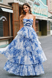 White Blue Flower A-Line Strapless Tiered Long Formal Dress with Bows