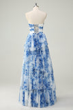 White Blue Flower A-Line Strapless Tiered Long Formal Dress with Bows