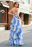 White Blue Flower A-Line Strapless Tiered Long Formal Dress with Bows