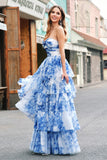 White Blue Flower A-Line Strapless Tiered Long Formal Dress with Bows