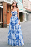 White Blue Flower A-Line Strapless Tiered Long Formal Dress with Bows