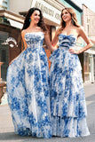 White Blue Flower A-Line Strapless Tiered Long Formal Dress with Bows