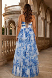 White Blue Flower A Line Strapless Tiered Long Plus Size Prom Dress