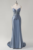 Sparkly Grey Blue Mermaid Spaghetti Straps Corset Appliqued Long Formal Dress with Slit