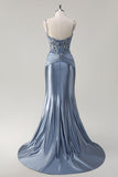 Sparkly Grey Blue Mermaid Spaghetti Straps Corset Appliqued Long Formal Dress with Slit